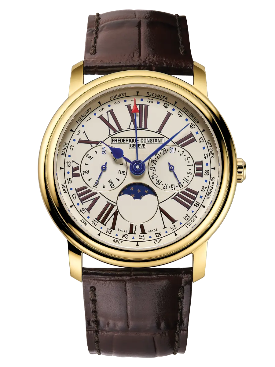 Luxury wristwatch with a gold case, white dial, and brown leather strap.