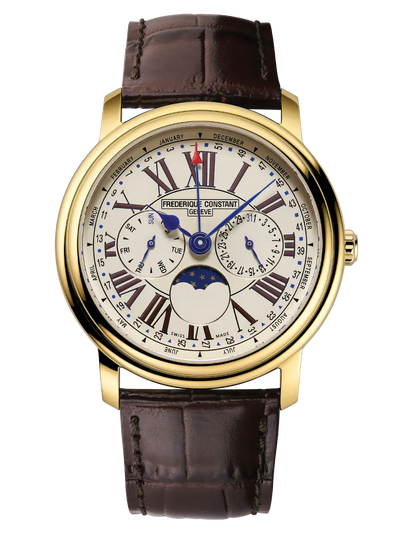 Luxury wristwatch with a gold case, white dial, and brown leather strap.