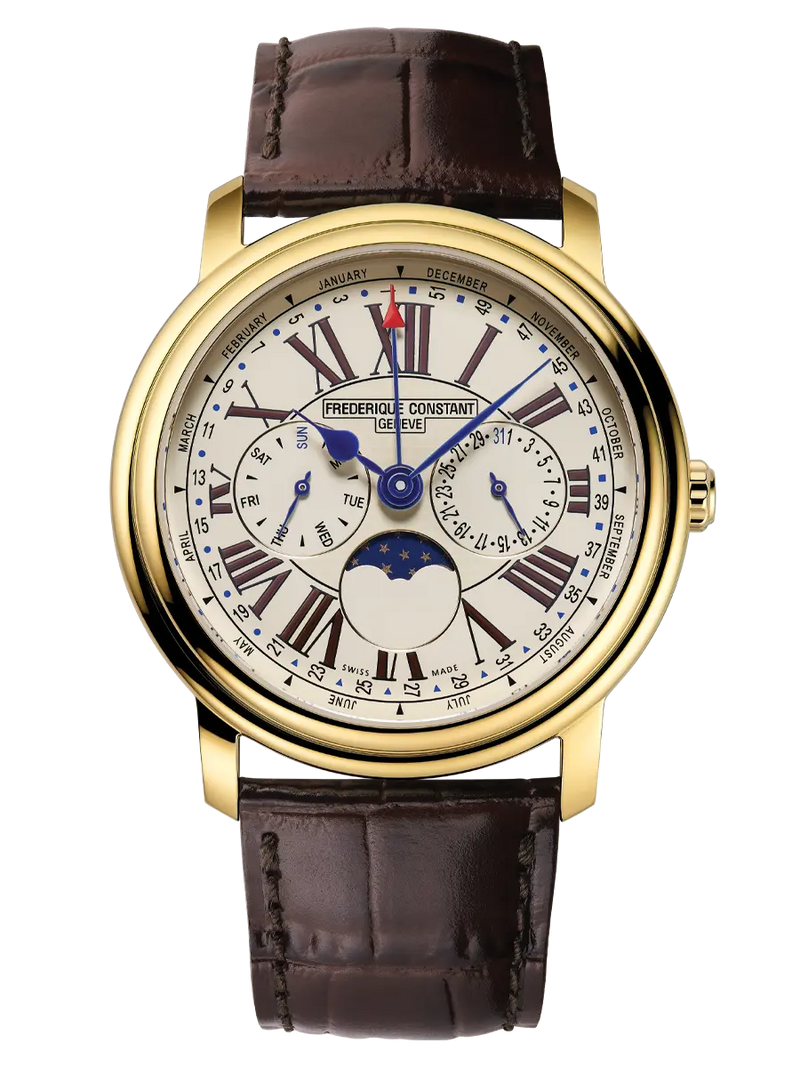 Luxury wristwatch with a gold case, white dial, and brown leather strap.