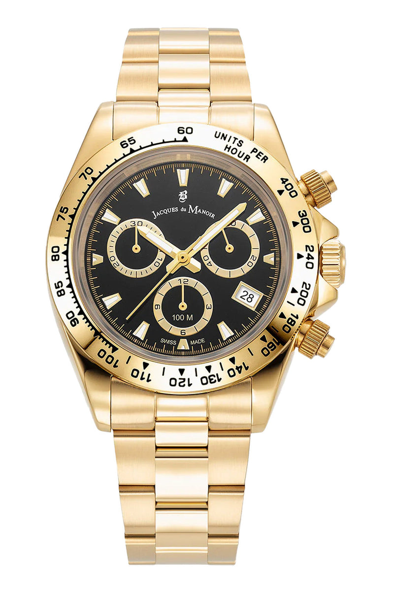 JDM Phoenix Chrono 40 毫米黑色表盘金色不锈钢表带手表