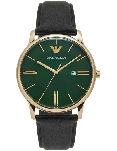 Emporio Armani 极简主义绿色表盘黑色皮革男士手表 AR11601