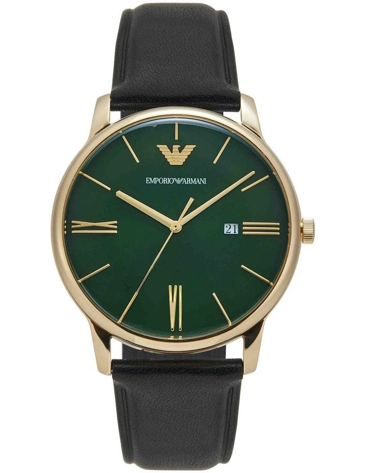 Emporio Armani 极简主义绿色表盘黑色皮革男士手表 AR11601