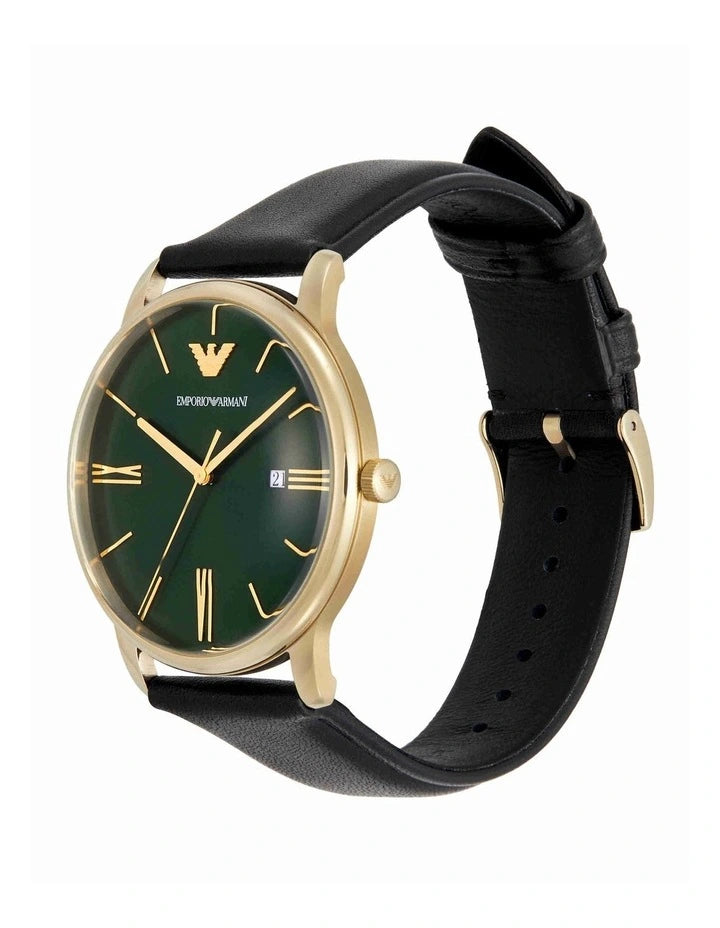 Emporio Armani 极简主义绿色表盘黑色皮革男士手表 AR11601