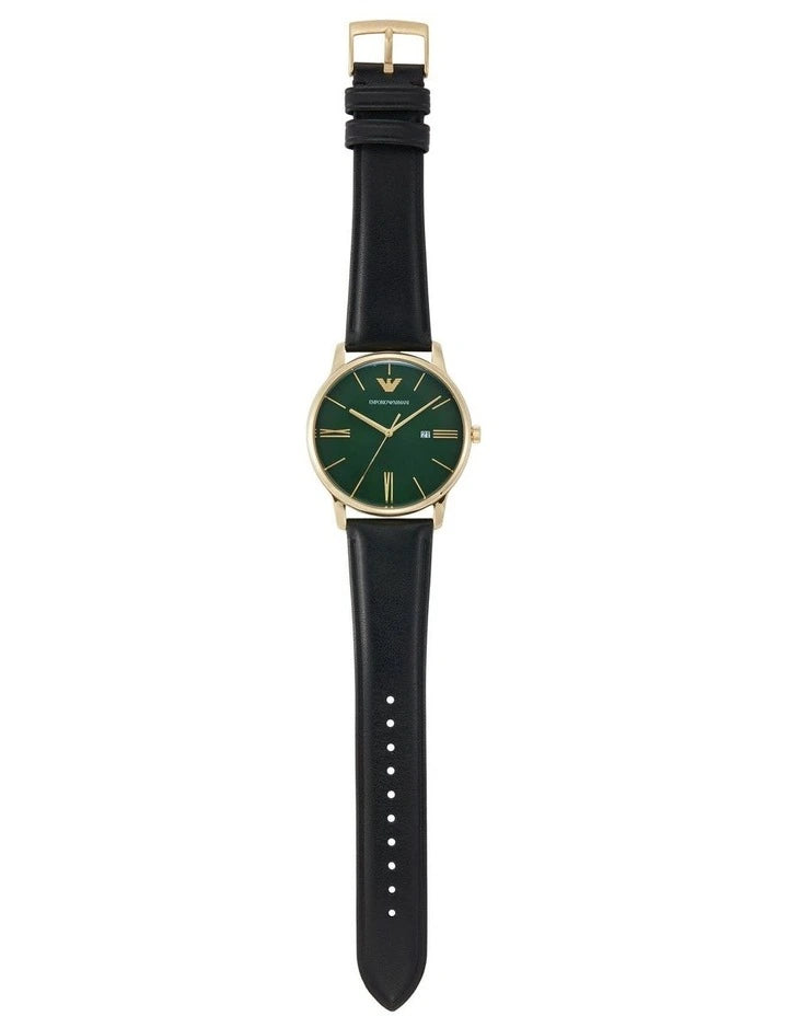 Emporio Armani 极简主义绿色表盘黑色皮革男士手表 AR11601