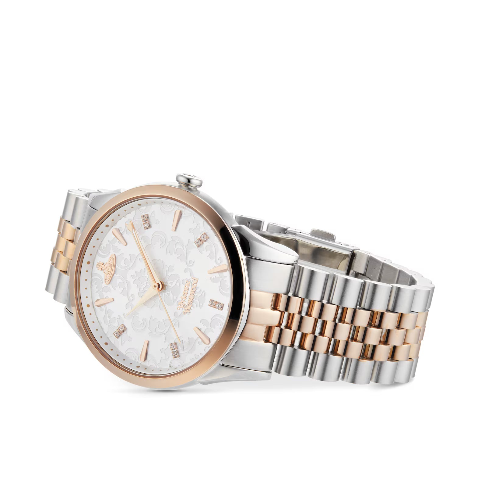 Vivienne Westwood Wallace women's watch with a silver dial and two tone stainless steel bracelet. Clasp and case back detail.