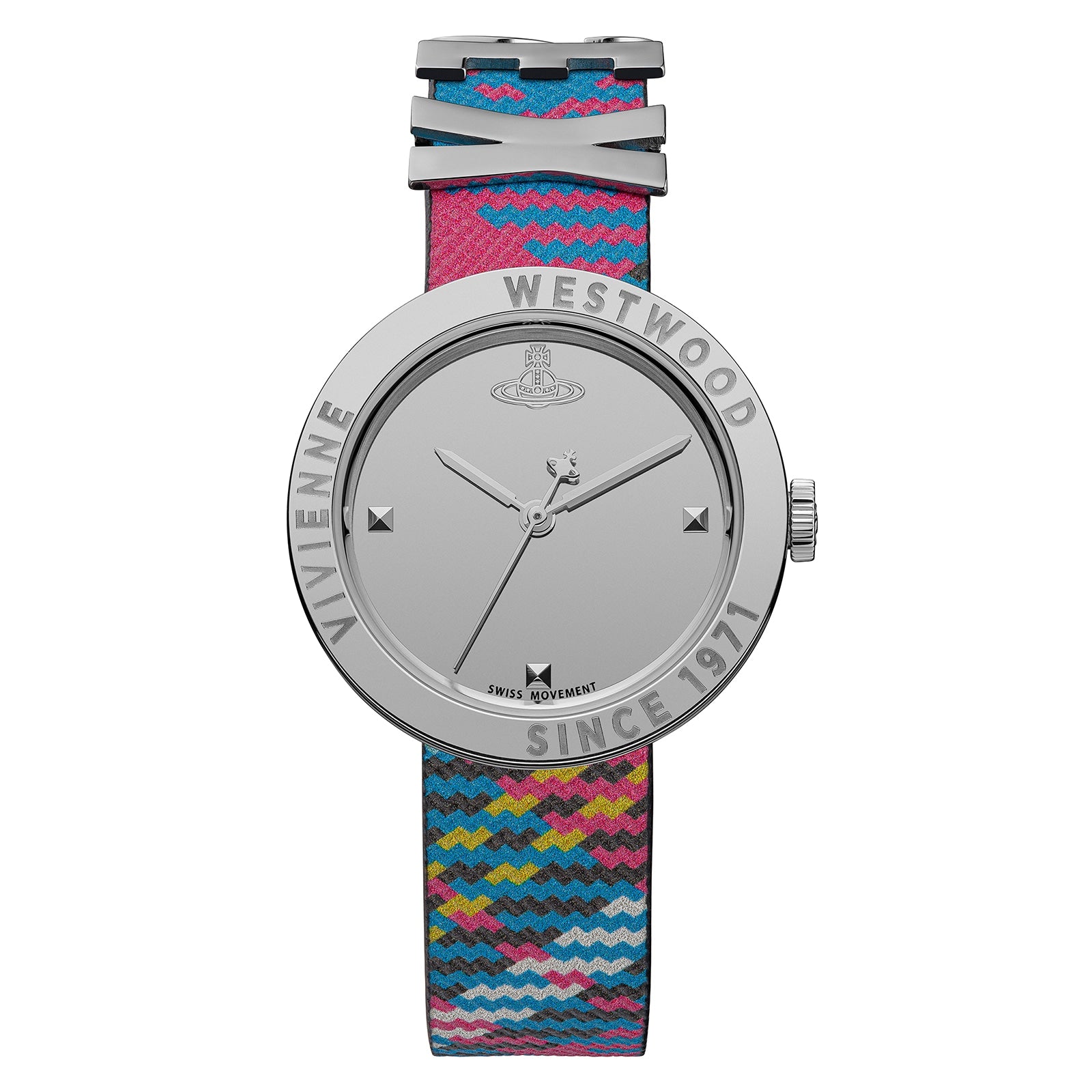 Vivienne Westwood The Rebel women's watch with a silver dial and multicolour leather strap. Shown at an angle.