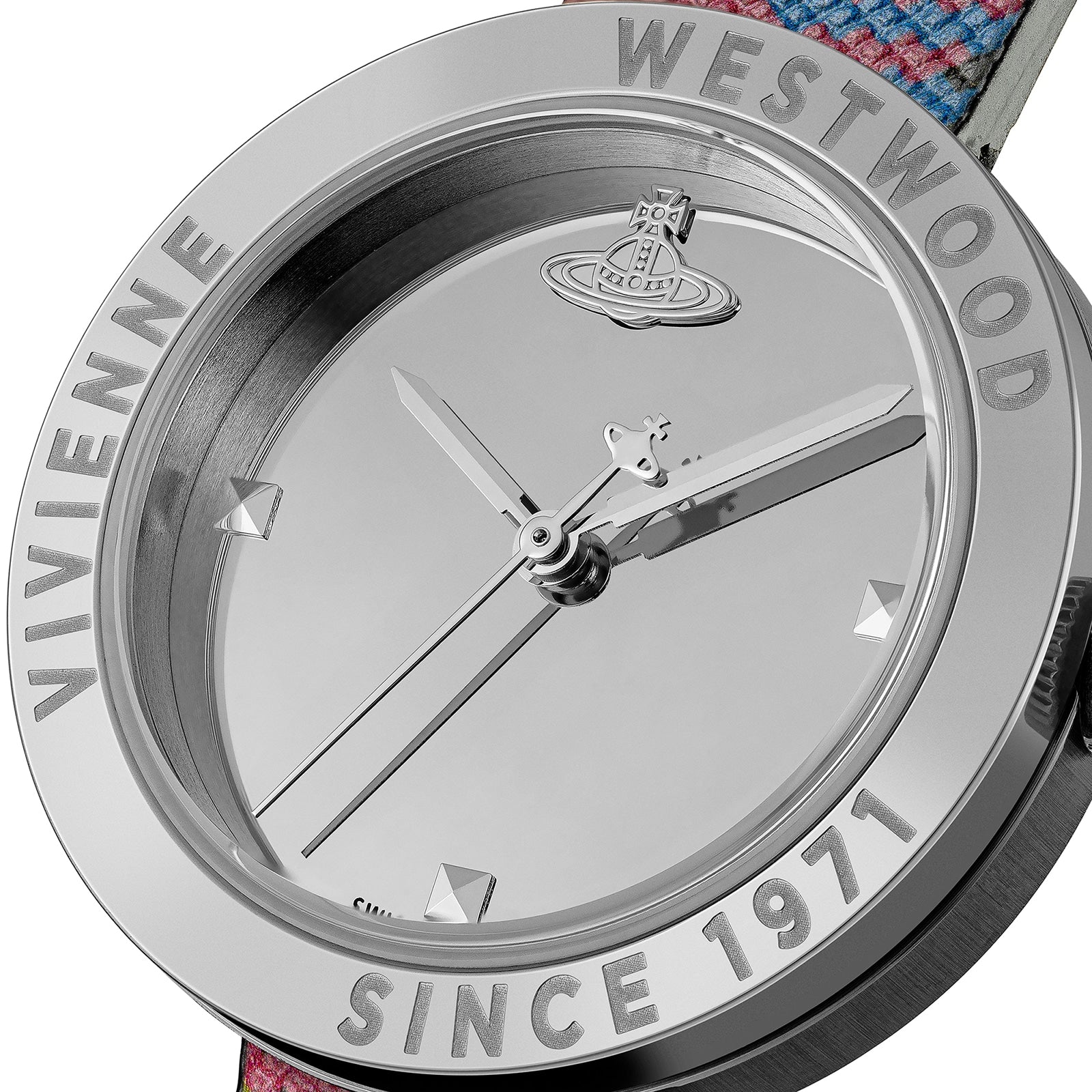 Vivienne Westwood The Rebel women's watch with a silver dial and multicolour leather strap. Side profile view.