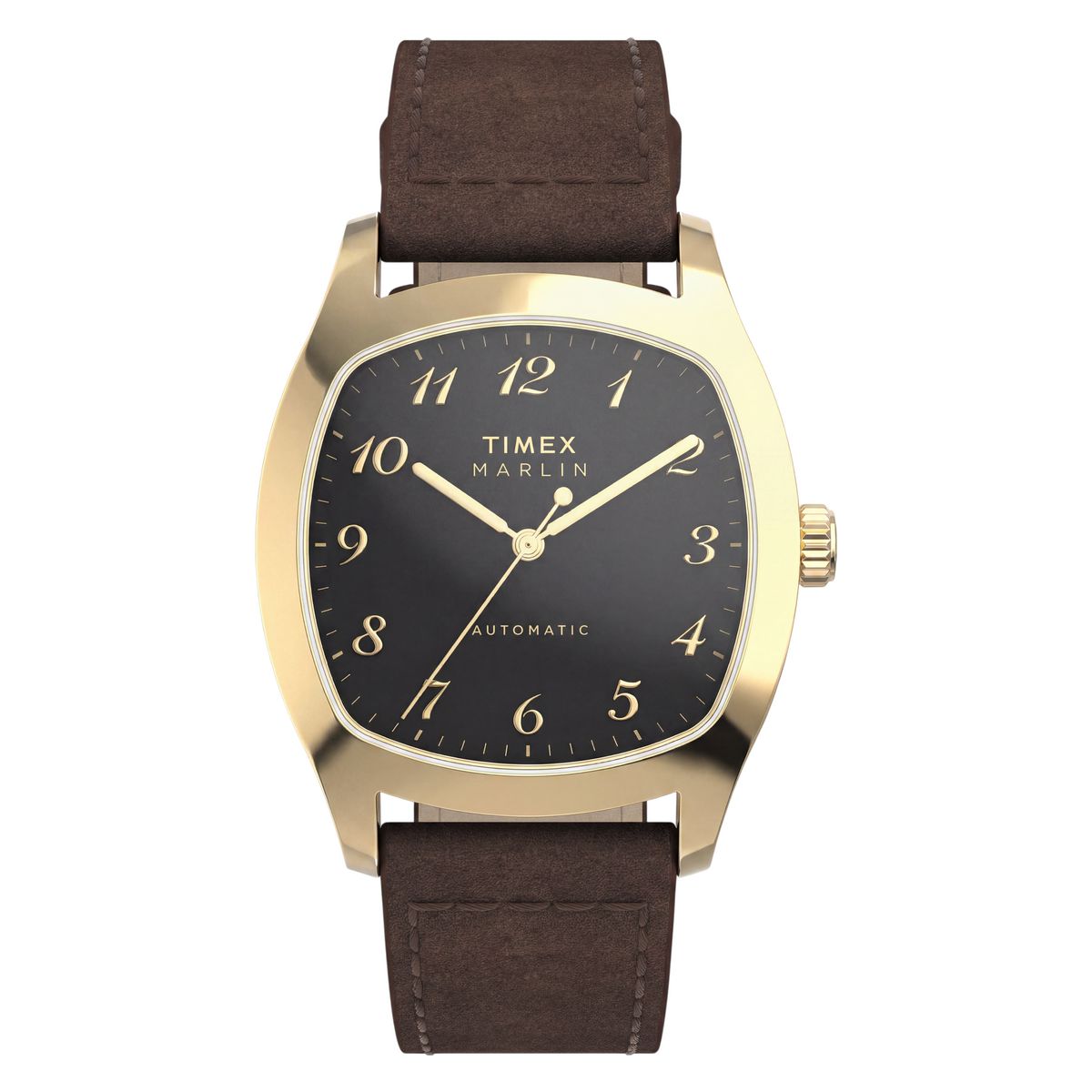 Timex Marlin Tonneau TW2Y84500 front view with black dial and brown leather strap