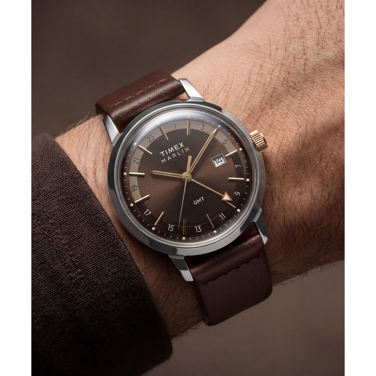 Case back detail of the Timex Marlin GMT TW2Y84200 with its brown leather strap
