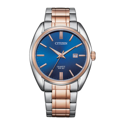 Citizen wristwatch with a blue dial and two-tone silver and rose gold metal bracelet.