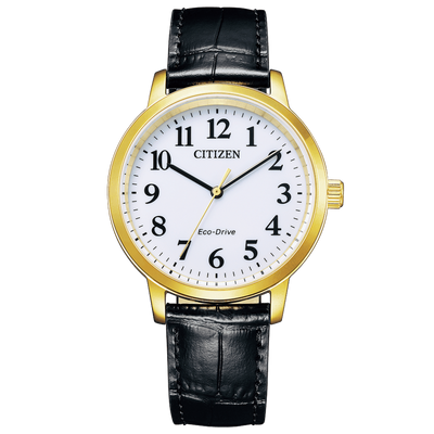 Gold-toned Citizen wristwatch with a white dial and black leather strap.