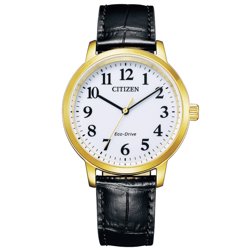 Gold-toned Citizen wristwatch with a white dial and black leather strap.