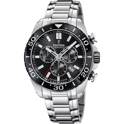 Festina 瑞士制造黑色表盘不锈钢表带男士手表 F20042/4