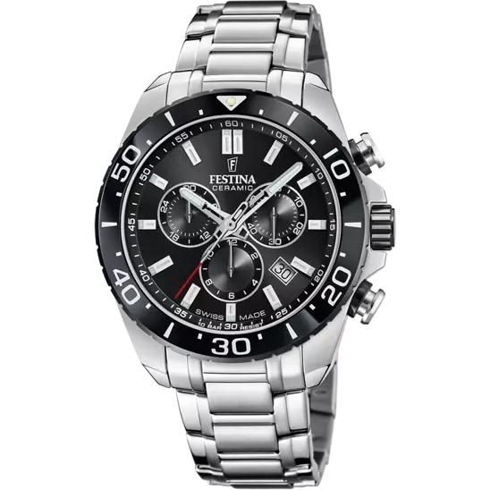 Festina 瑞士制造黑色表盘不锈钢表带男士手表 F20042/4