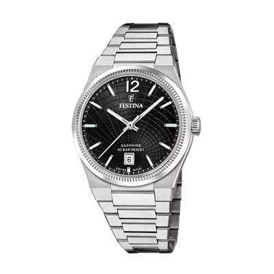 Festina 瑞士制造黑色表盘不锈钢表带女士手表 F20052/8