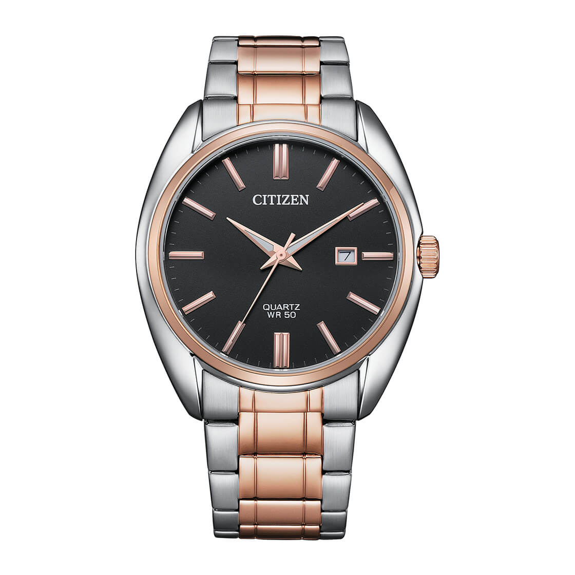 Citizen wristwatch with a two-tone silver and rose gold metal band and black dial face.