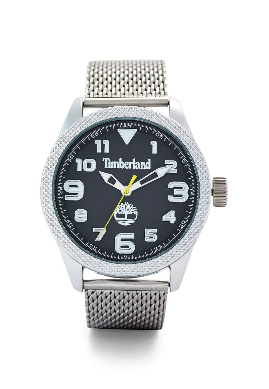 Timberland wristwatch with a black dial and silver mesh band.