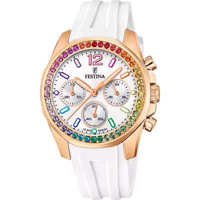 Festina 彩虹银色表盘白色橡胶表带女士手表 F20611/2