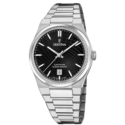 Festina 瑞士制造黑色表盘不锈钢表带男士手表 F20051/6