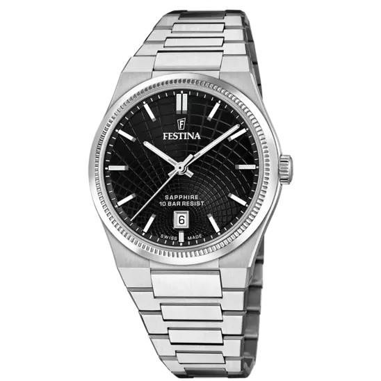 Festina 瑞士制造黑色表盘不锈钢表带男士手表 F20051/6