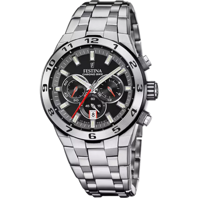 Festina Chrono Bike 黑色表盘不锈钢表带男士手表 F20670/6