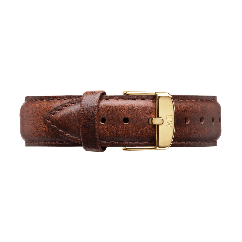 Brown leather watch strap with a gold-toned buckle.