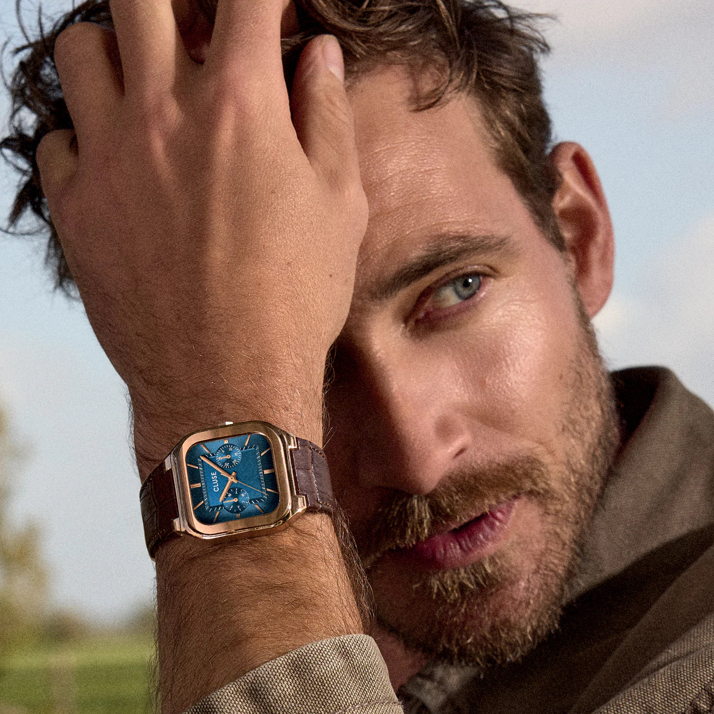 CLUSE Quadrus Multifunction Brown Leather Band Blue Dial Rose Gold Men's Watch CW26204