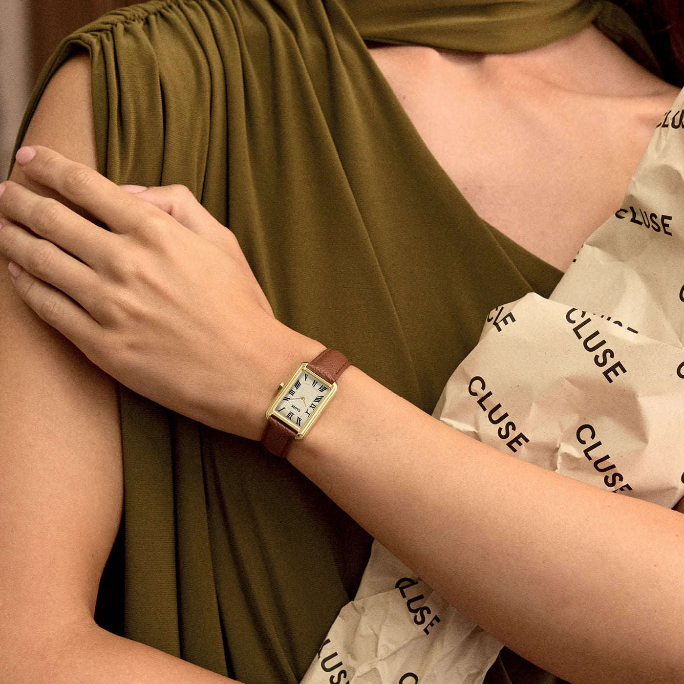 CLUSE Belisenna Leather Nutshell Band Sand Textured Gold Dial Women's Watch CW15008