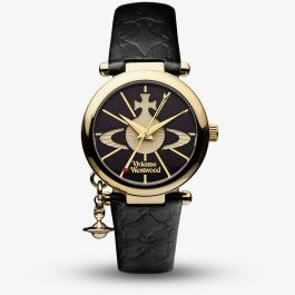 Vivienne Westwood Orb II women's watch with a black dial and black leather strap. Shown at an angle.