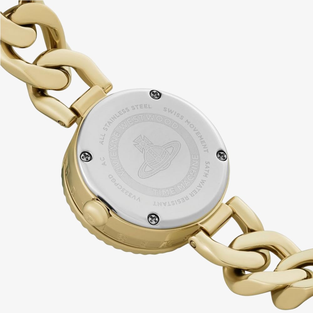 Vivienne Westwood Orb Button women's watch with a gold dial and gold stainless steel bracelet. Side profile view.