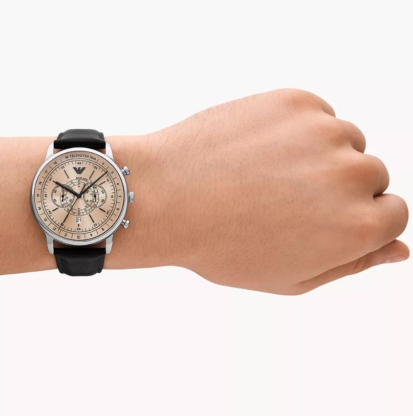 Armani Elegant Chronograph Watch with Black Leather White Dial AR11634