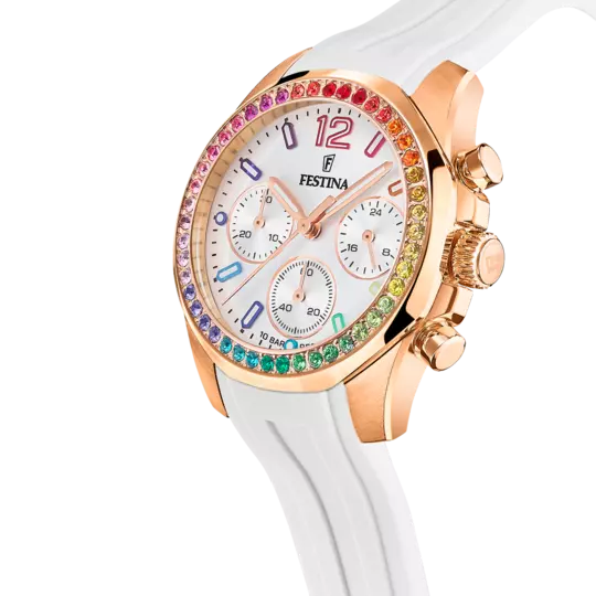 Festina 彩虹银色表盘白色橡胶表带女士手表 F20611/2