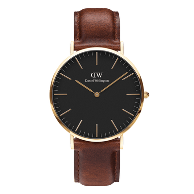 Elegant wristwatch with a black face, gold-tone case, and brown leather strap.