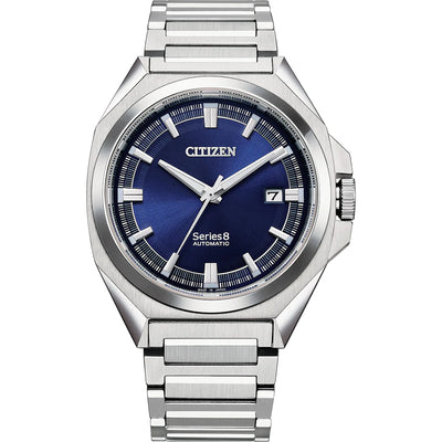 Stainless steel Citizen wristwatch with a blue dial and date display.