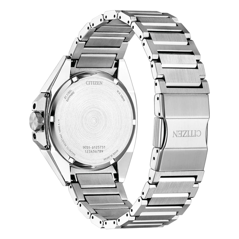 Silver wristwatch with a metal link bracelet band.