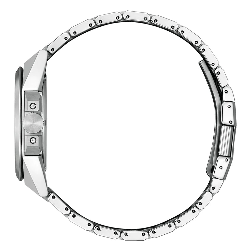 Stainless steel wristwatch with a metal link bracelet viewed from the side.