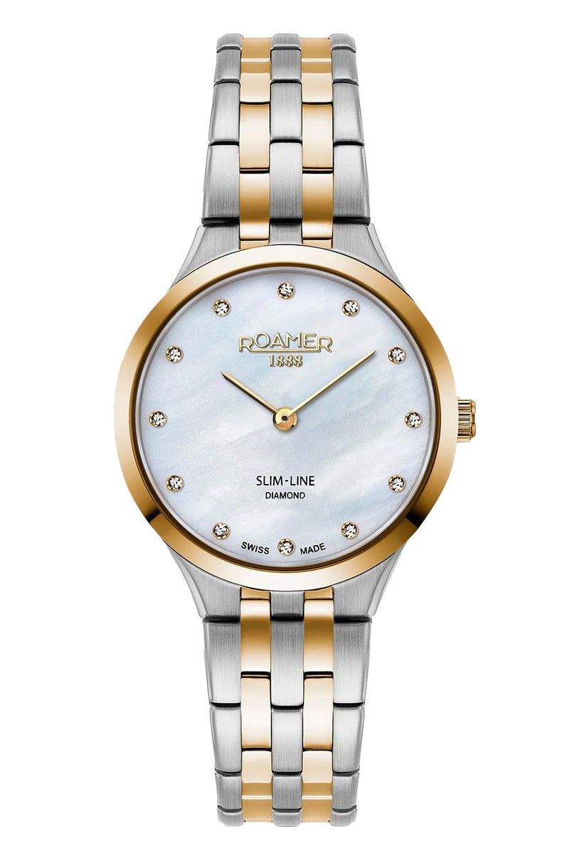 Roamer Slim Line 30 毫米珍珠贝母和钻石表盘双色不锈钢表带腕表