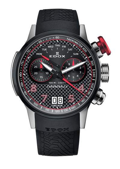 Sleek sports watch with a black dial, red accents, and a rubber strap.