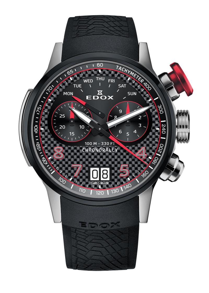 Sleek sports watch with a black dial, red accents, and a rubber strap.