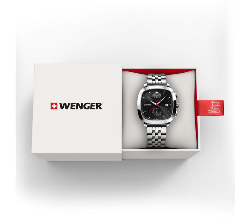 Wenger 复古经典计时码表 39.5 毫米黑色表盘不锈钢手表 01.1933.101