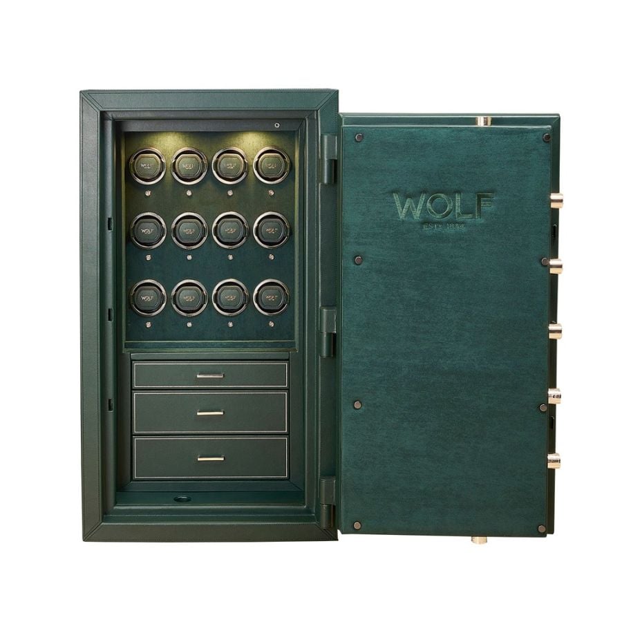 WOLF Athos 12 Piece Watch Winder and Jewellery Safe Green