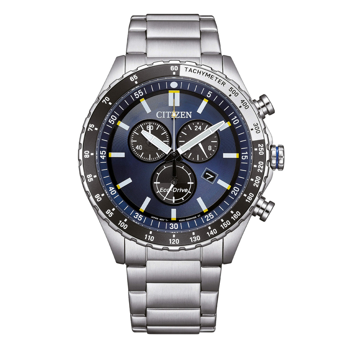Citizen AT2569-80L Chrono Sporty blue iridescent chronograph dial, straight-on front view showing steel bracelet and blue and white tachymeter bezel
