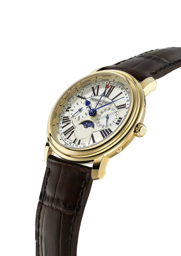 Elegant gold wristwatch with a white face, Roman numerals, and a brown leather strap.