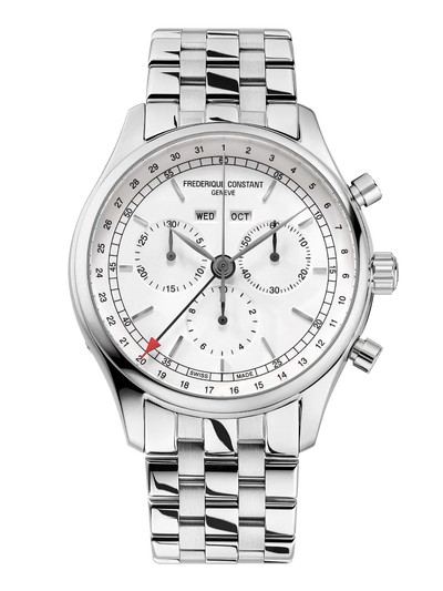 Stainless steel chronograph wristwatch with a white dial and multiple subdials.