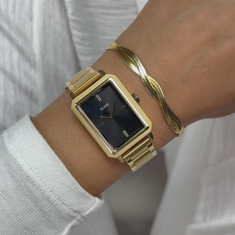 CLUSE Fluette Circular Textured Black Gold Link Watch CW11512