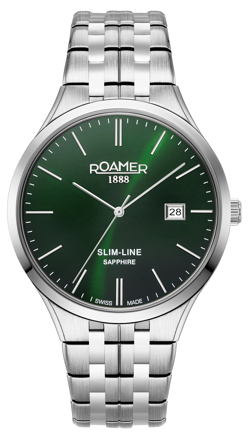 Stainless steel wristwatch with a green dial and date display.