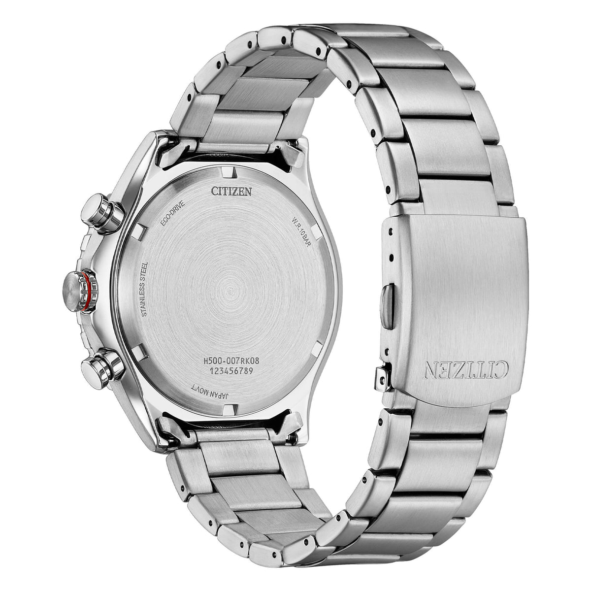 Citizen AT2569-80L blue dial chronograph, three-quarter view showing stainless steel bracelet taper and dial detail
