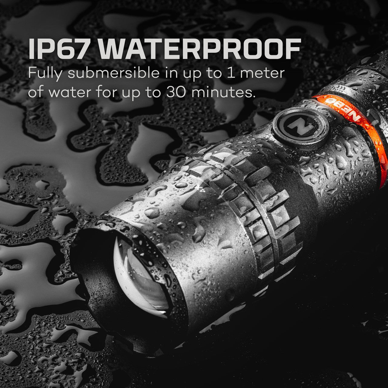 Waterproof flashlight with water droplets on its surface, labeled as IP67 rated.