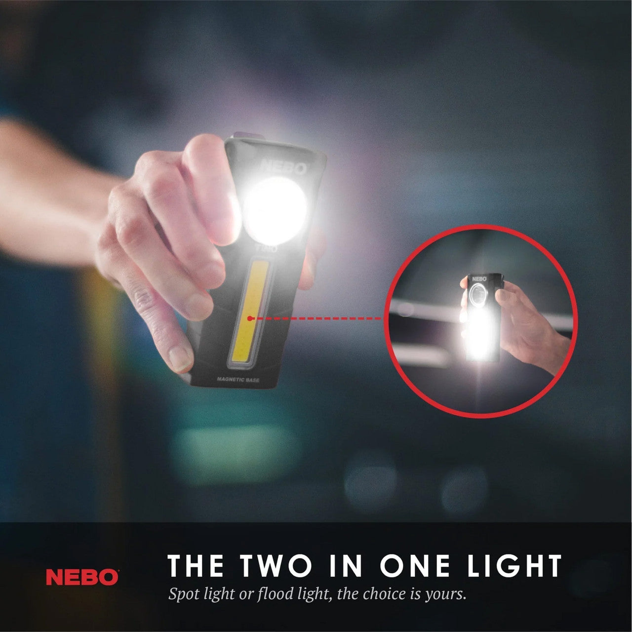 Handheld flashlight with dual lighting modes: spot and flood.