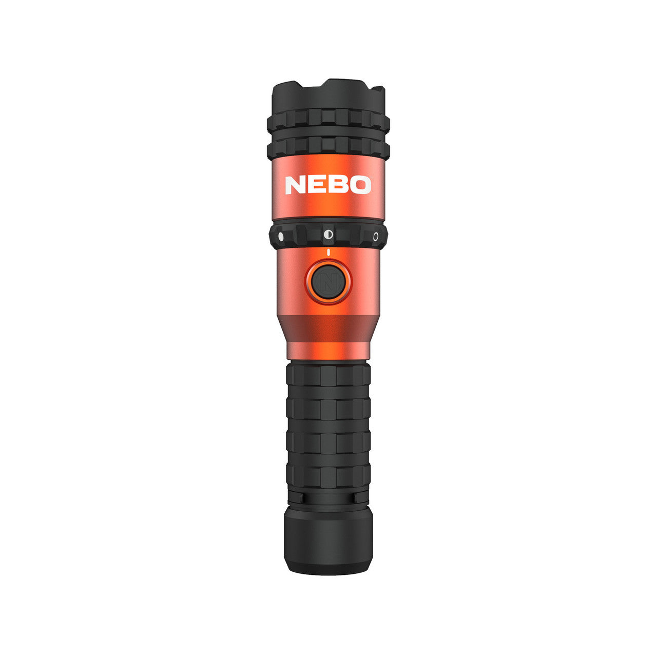 Handheld flashlight with a red and black design featuring the ’NEBO’ brand name.